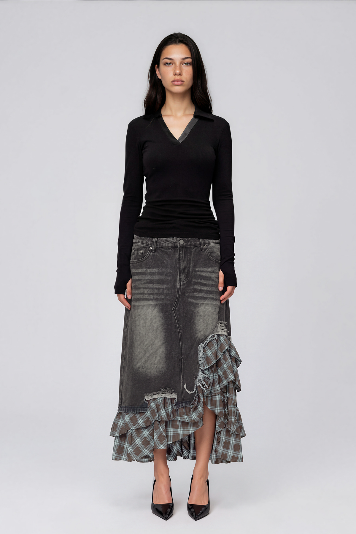 Kirya Grid Denim Maxi Skirt