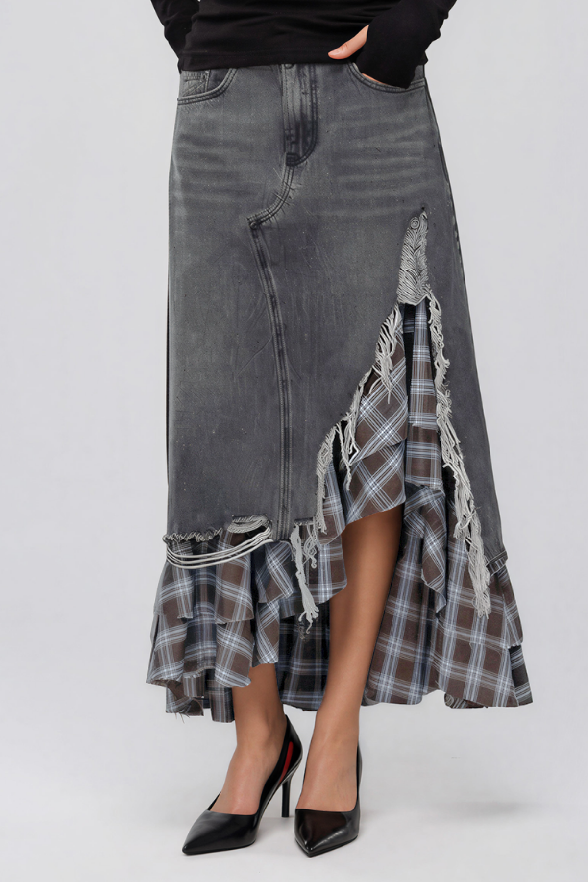 Kirya Grid Denim Maxi Skirt
