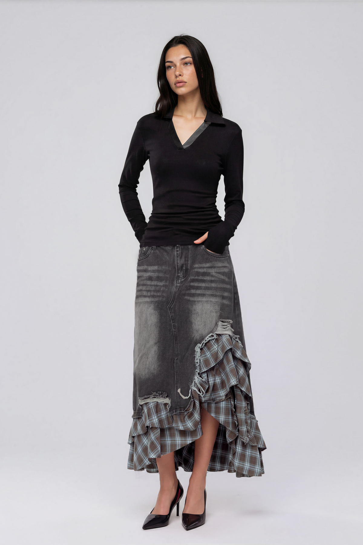Kirya Grid Denim Maxi Skirt