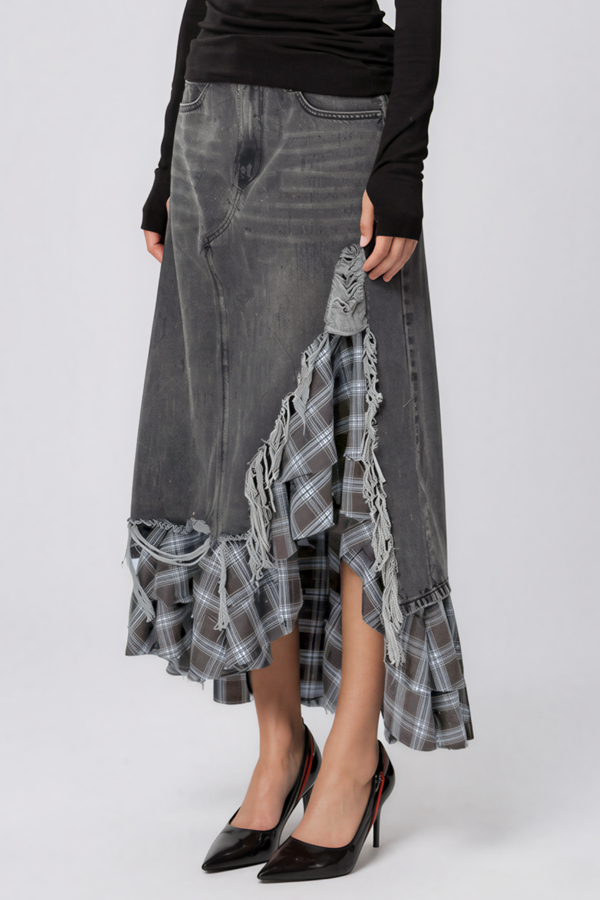 Kirya Grid Denim Maxi Skirt