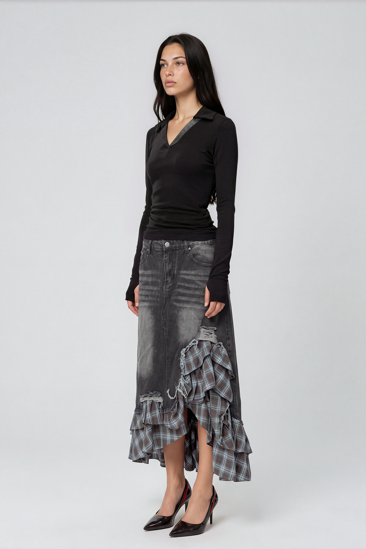 Kirya Grid Denim Maxi Skirt