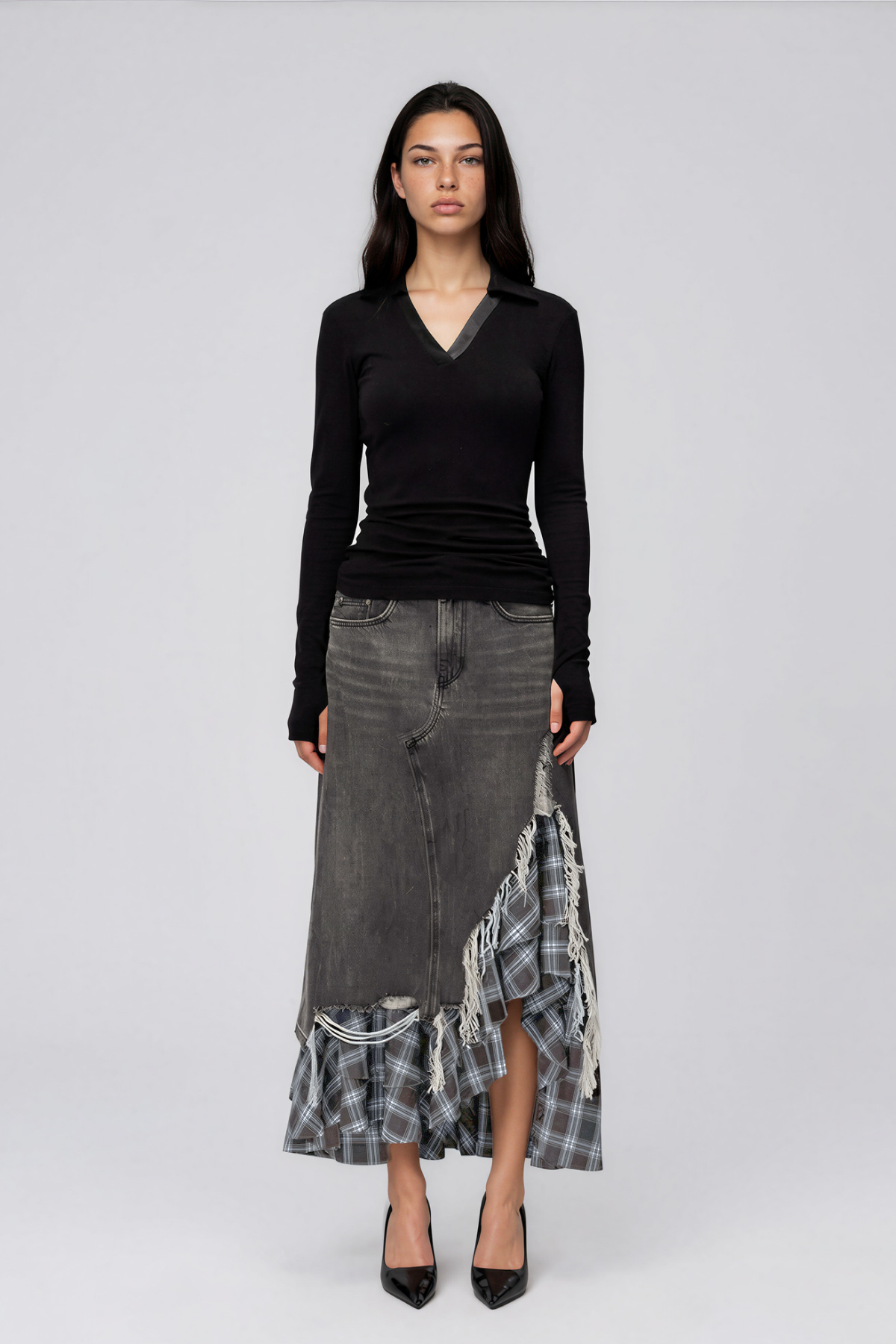 Kirya Grid Denim Maxi Skirt