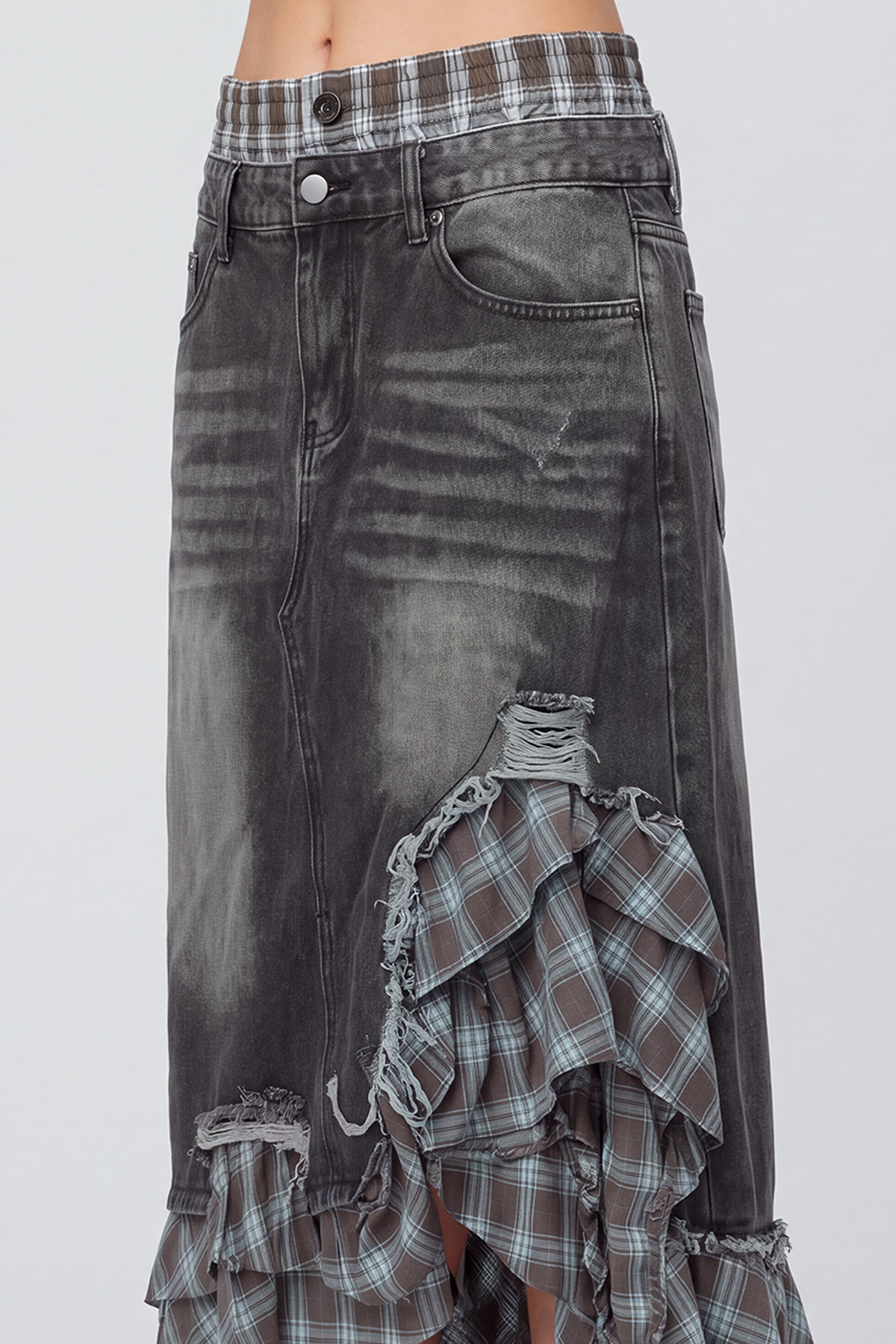 Kirya Grid Denim Maxi Skirt