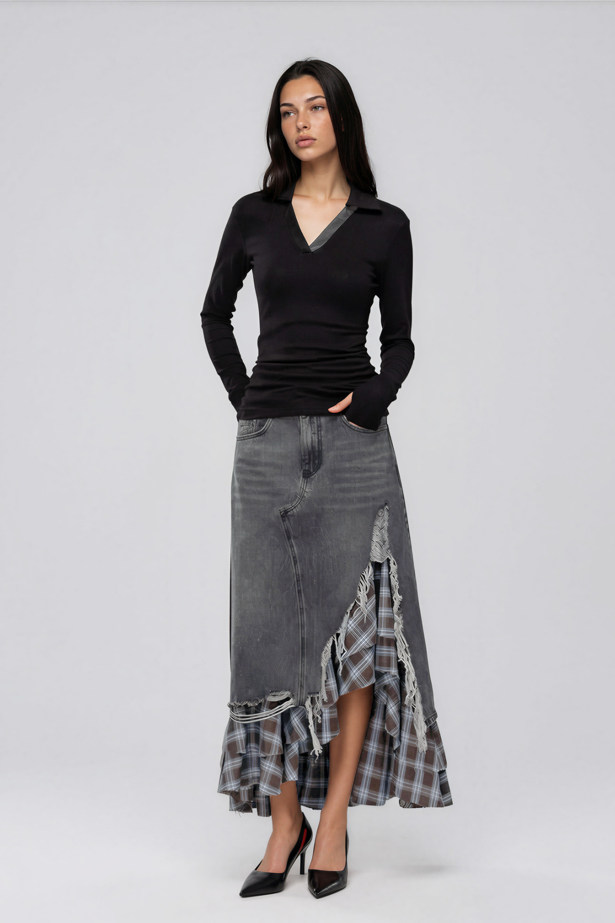 Kirya Grid Denim Maxi Skirt