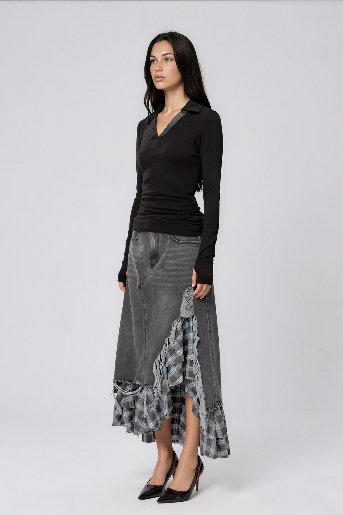 Kirya Grid Denim Maxi Skirt