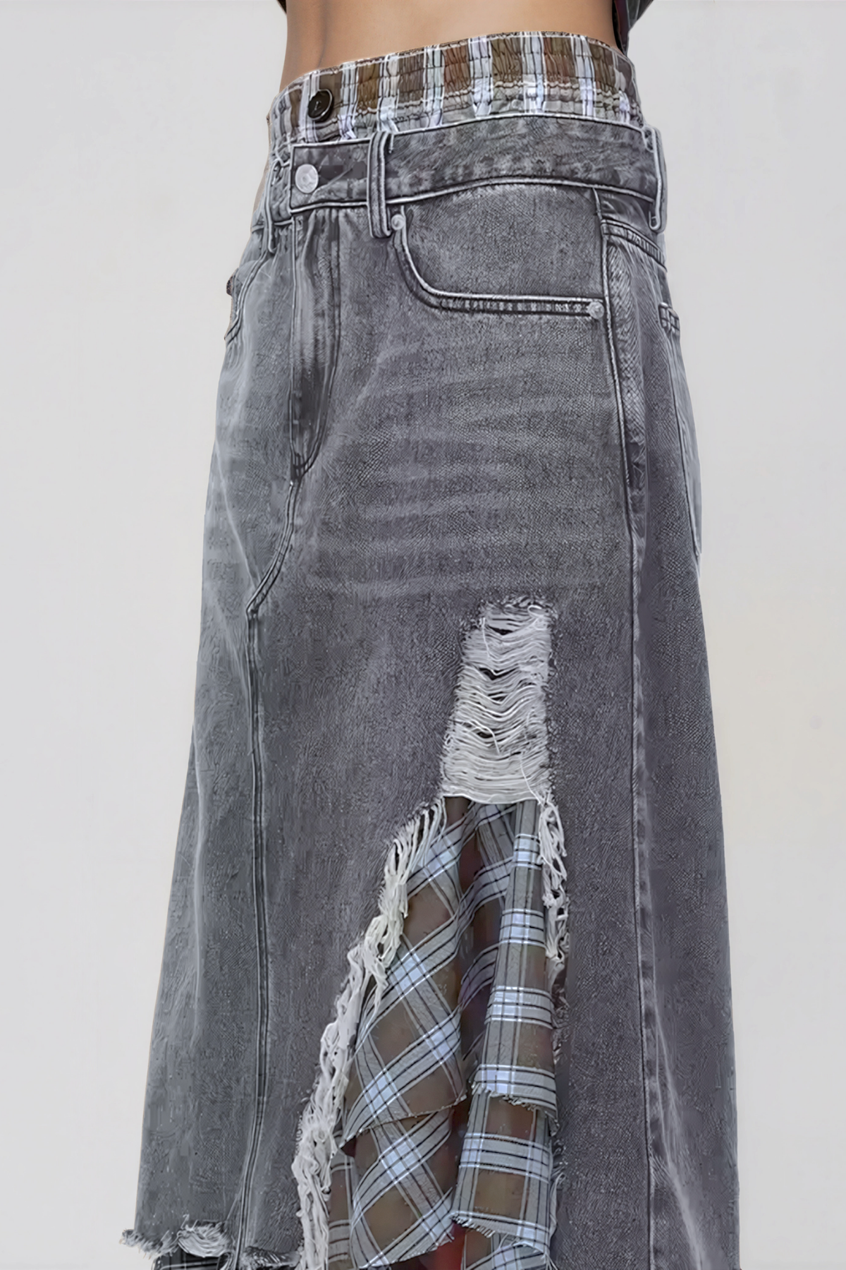 Kirya Grid Denim Maxi Skirt
