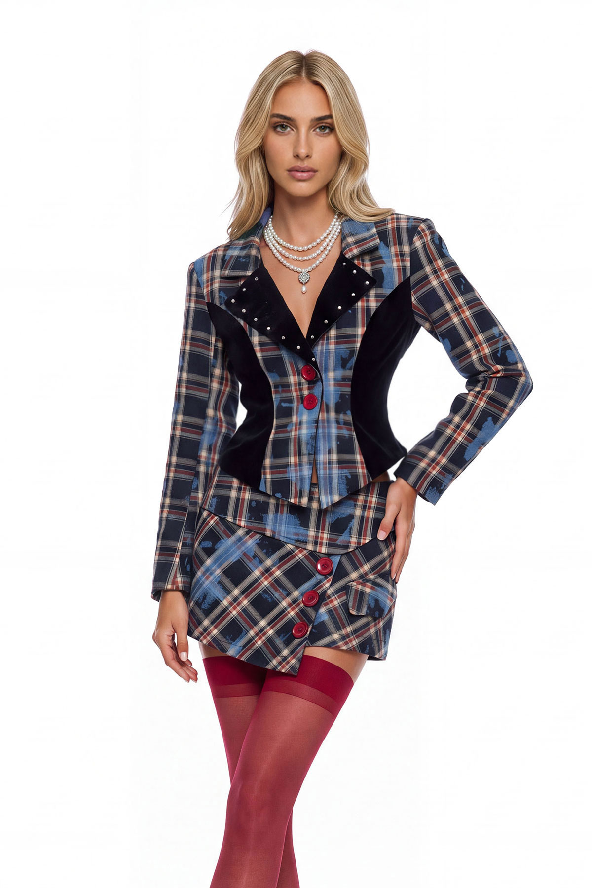 Kohei Lapel Studded Grid Skirt Set
