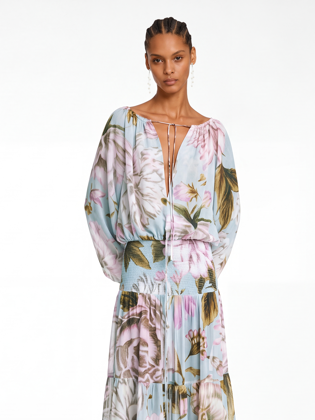 Koichi Plunge Floral Tie Up Maxi Dress