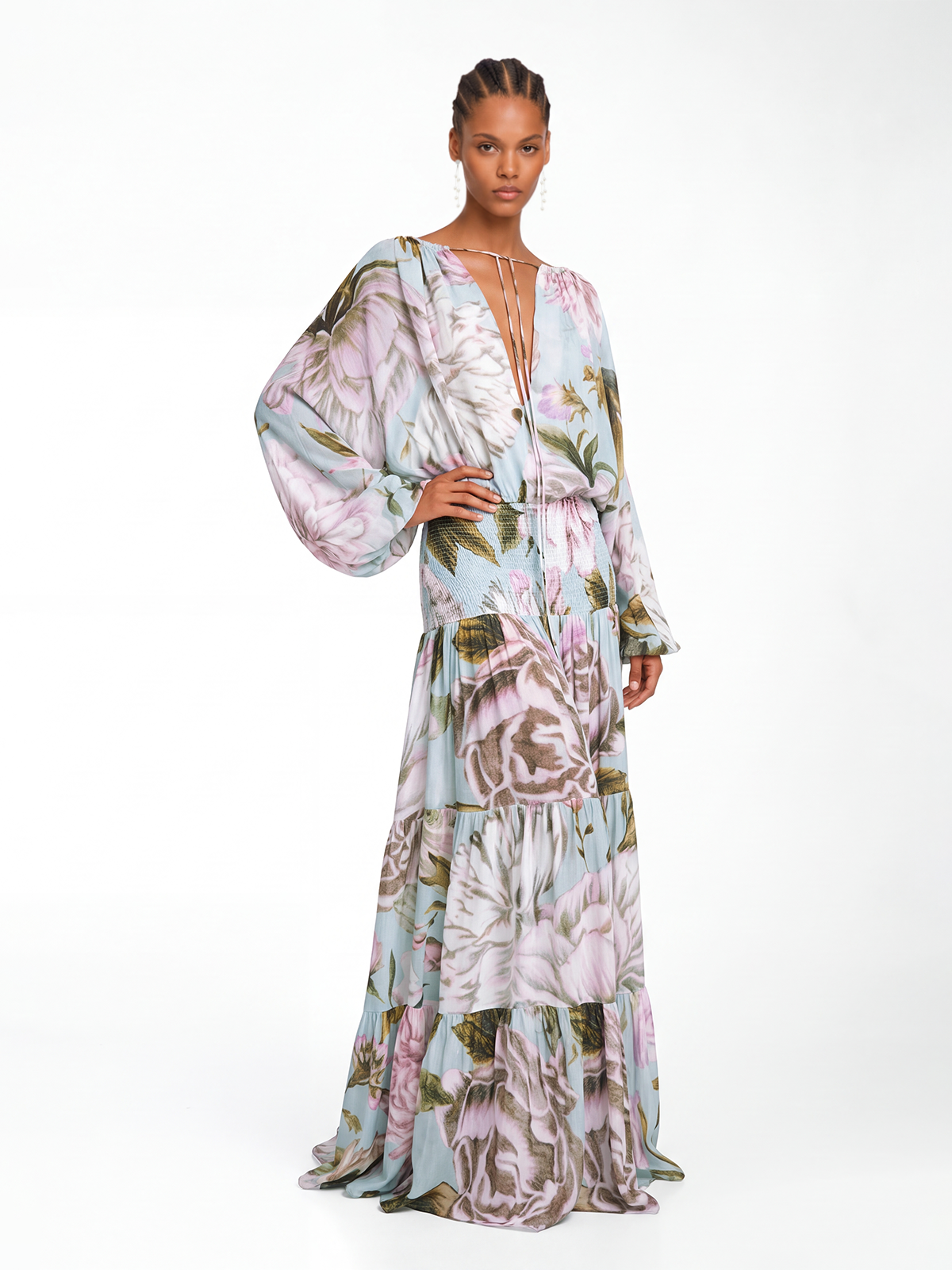 Koichi Plunge Floral Tie Up Maxi Dress