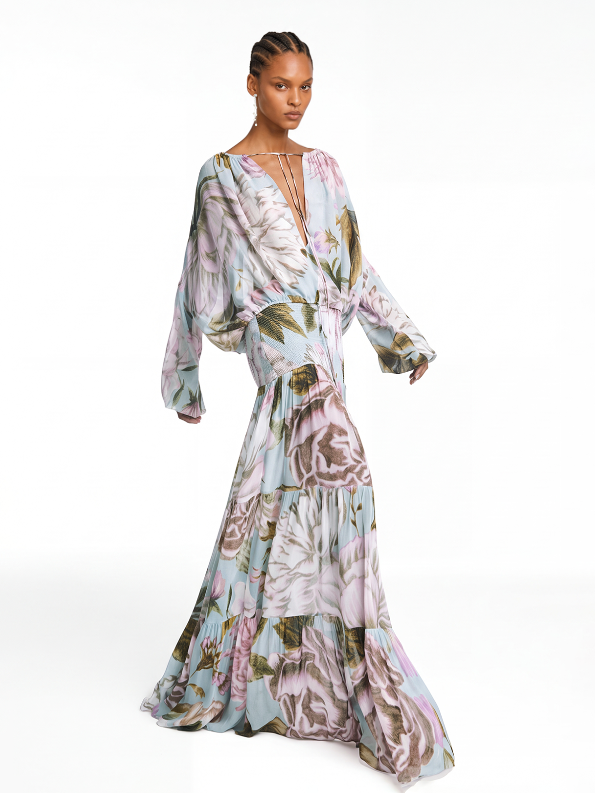 Koichi Plunge Floral Tie Up Maxi Dress