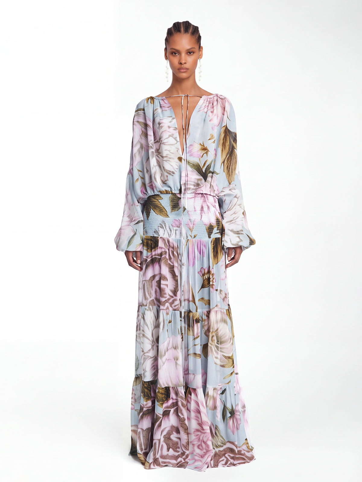 Koichi Plunge Floral Tie Up Maxi Dress
