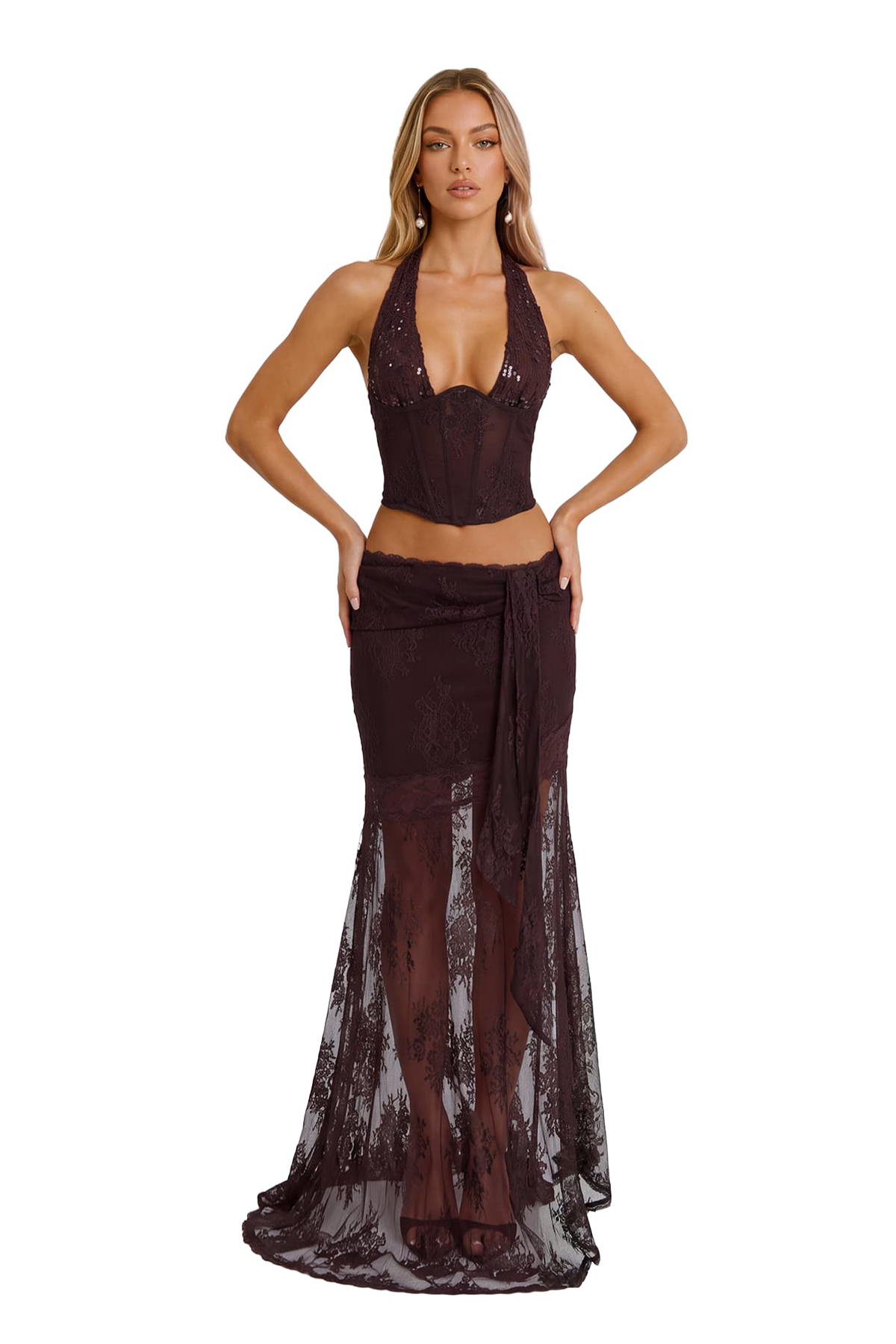 Koit Halter Neck Lace Sequin Skirt Set