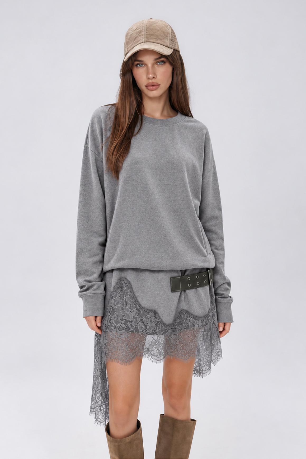 Kolina Balloon Sleeve Lace Midi Dress In Gery