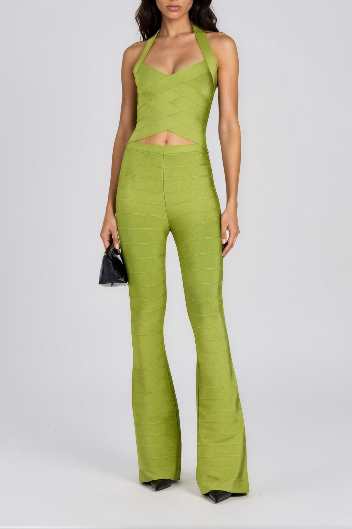 Konstantinos Halter Neck Bandage Pants Set In Chartreuse