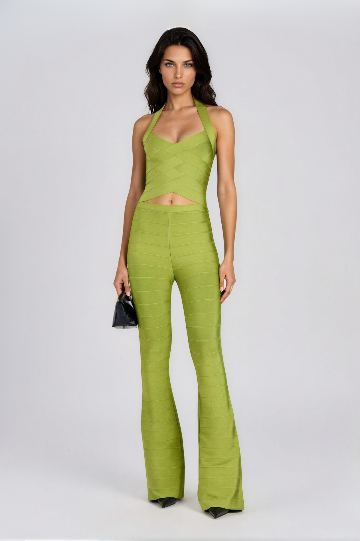Konstantinos Halter Neck Bandage Pants Set In Chartreuse