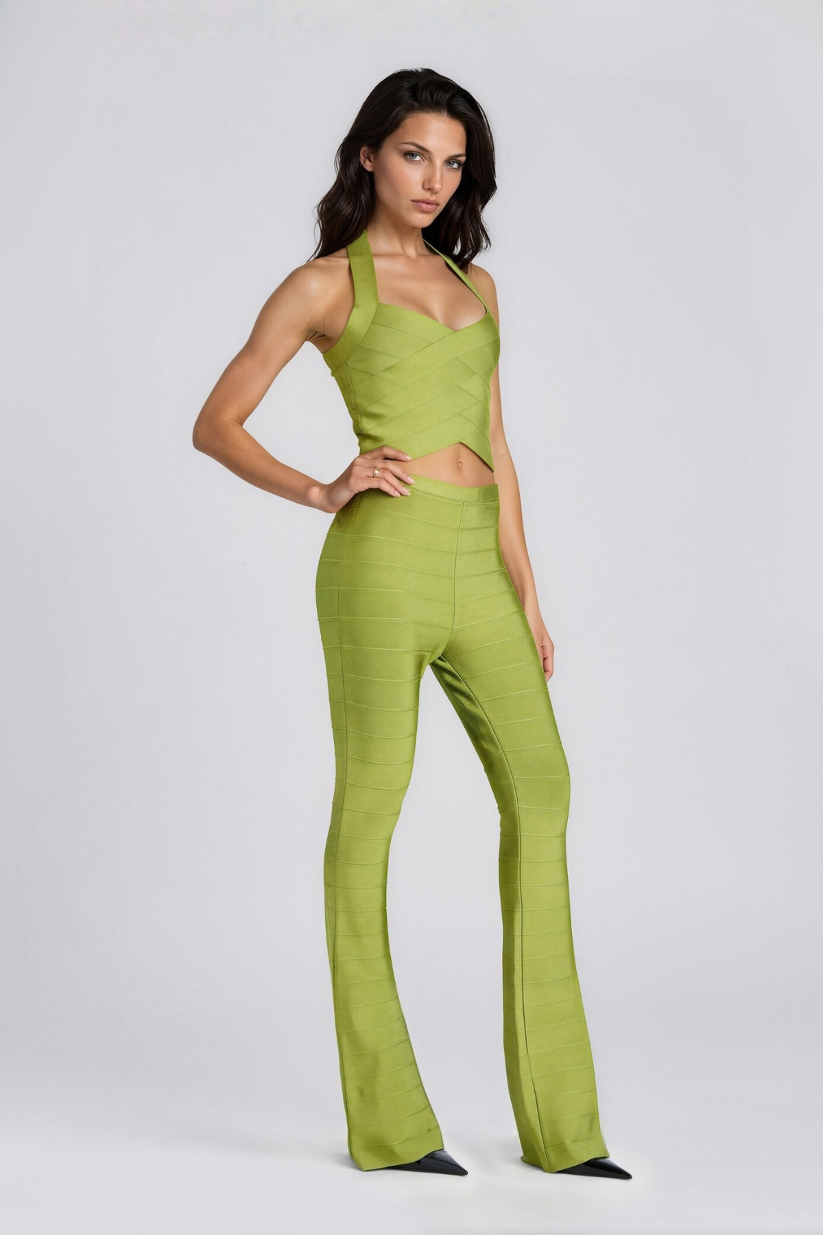 Konstantinos Halter Neck Bandage Pants Set In Chartreuse