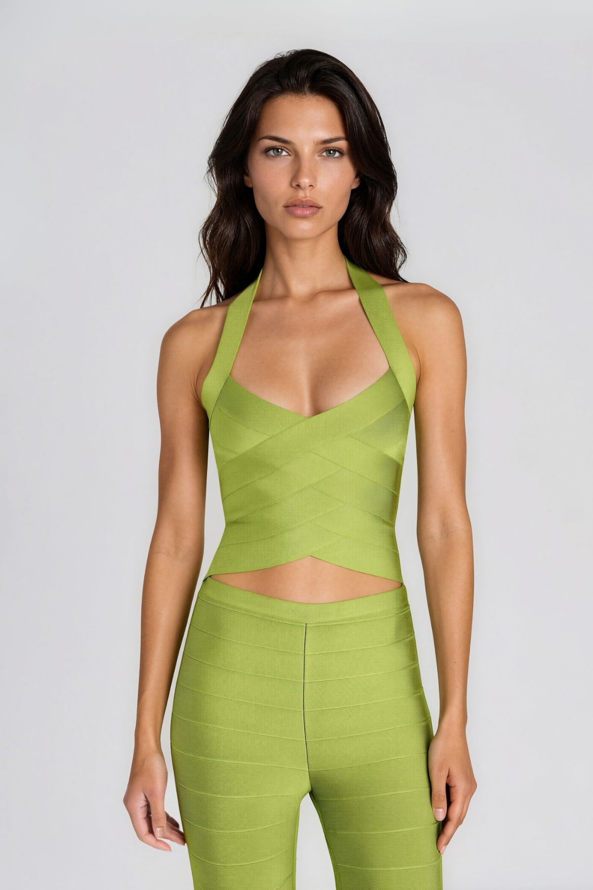 Konstantinos Halter Neck Bandage Pants Set In Chartreuse