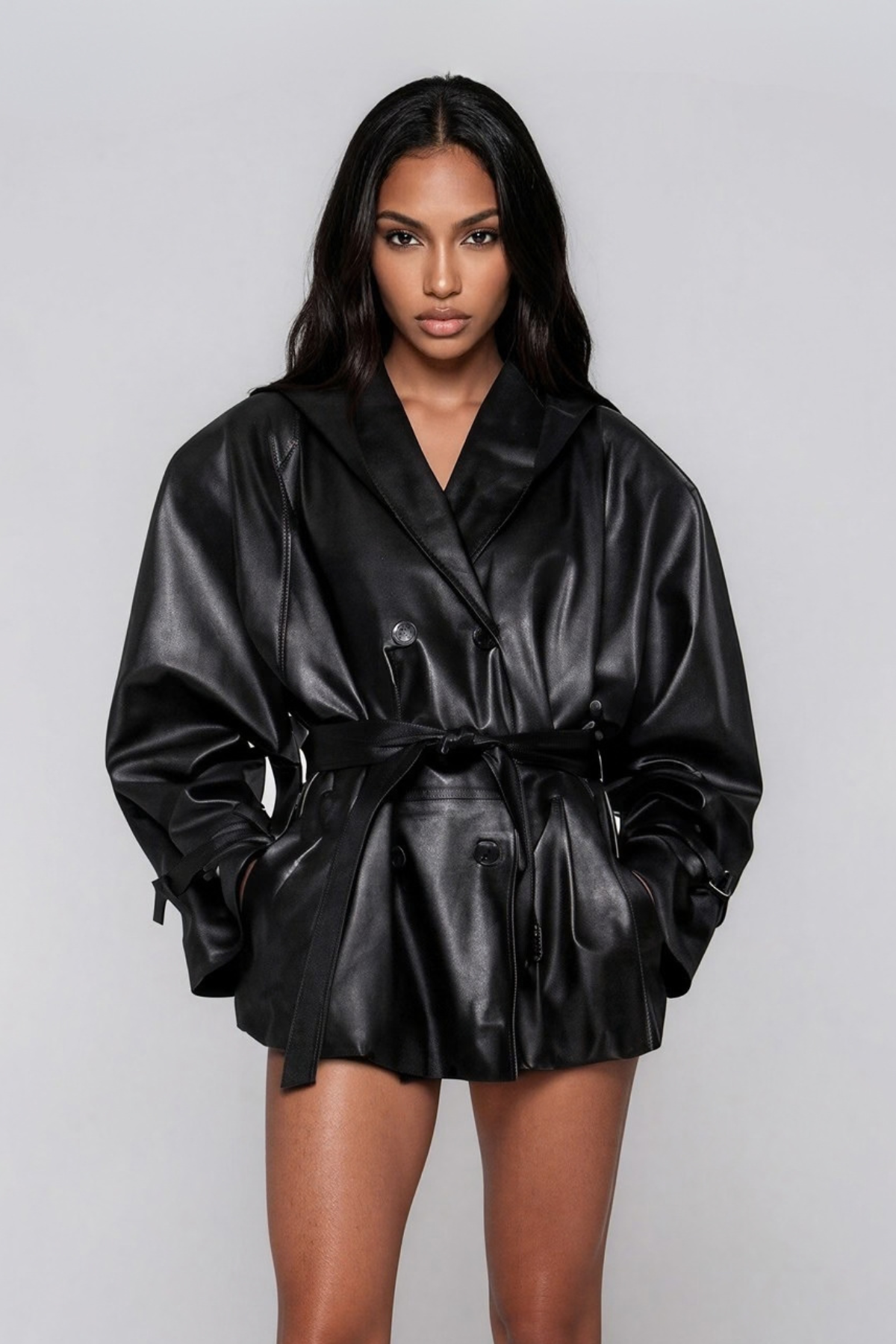 Kopin Hooded Leather Tie Up Jacket