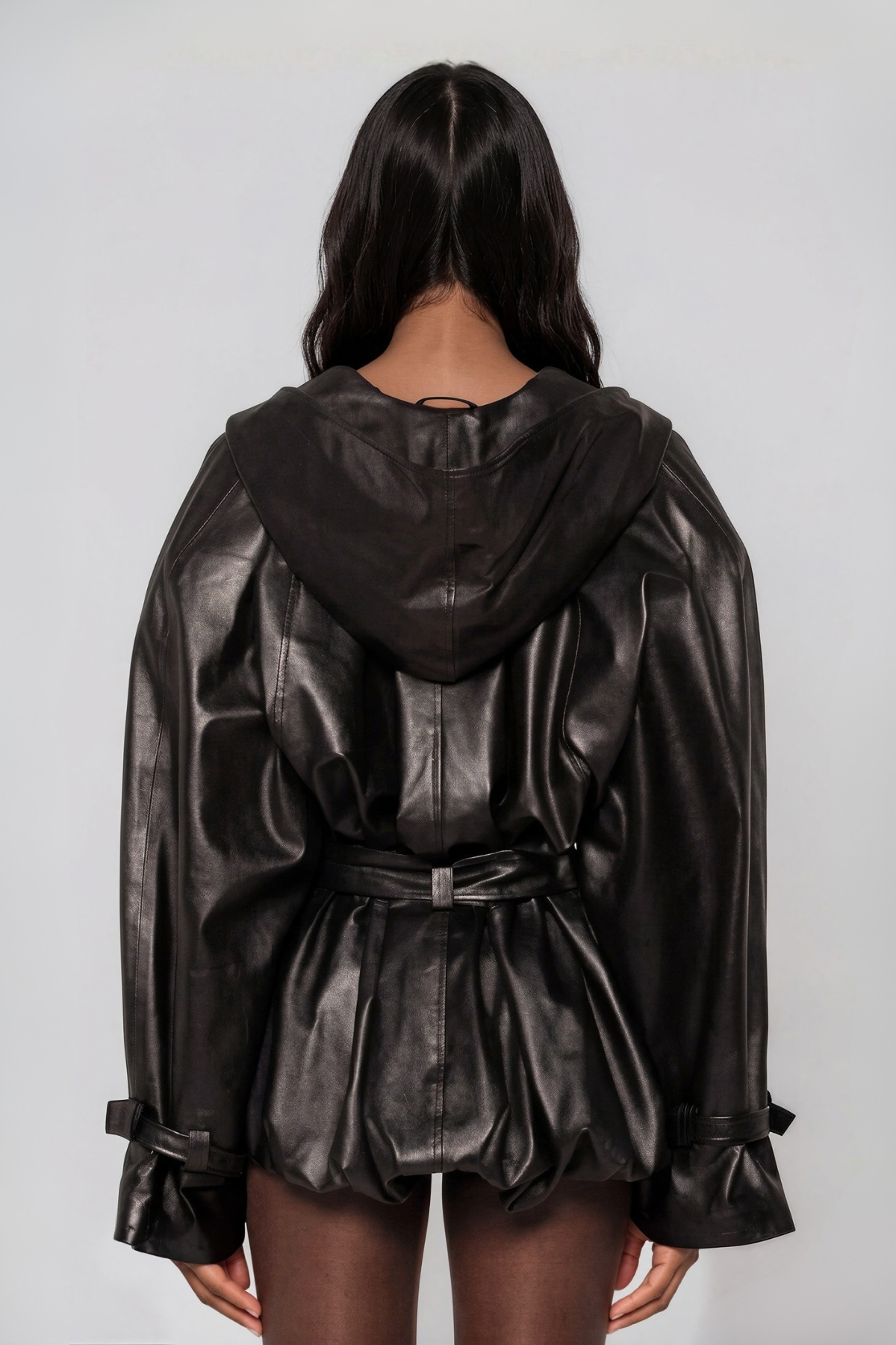 Kopin Hooded Leather Tie Up Jacket
