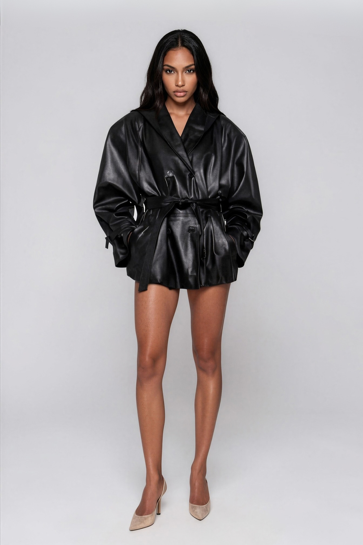 Kopin Hooded Leather Tie Up Jacket