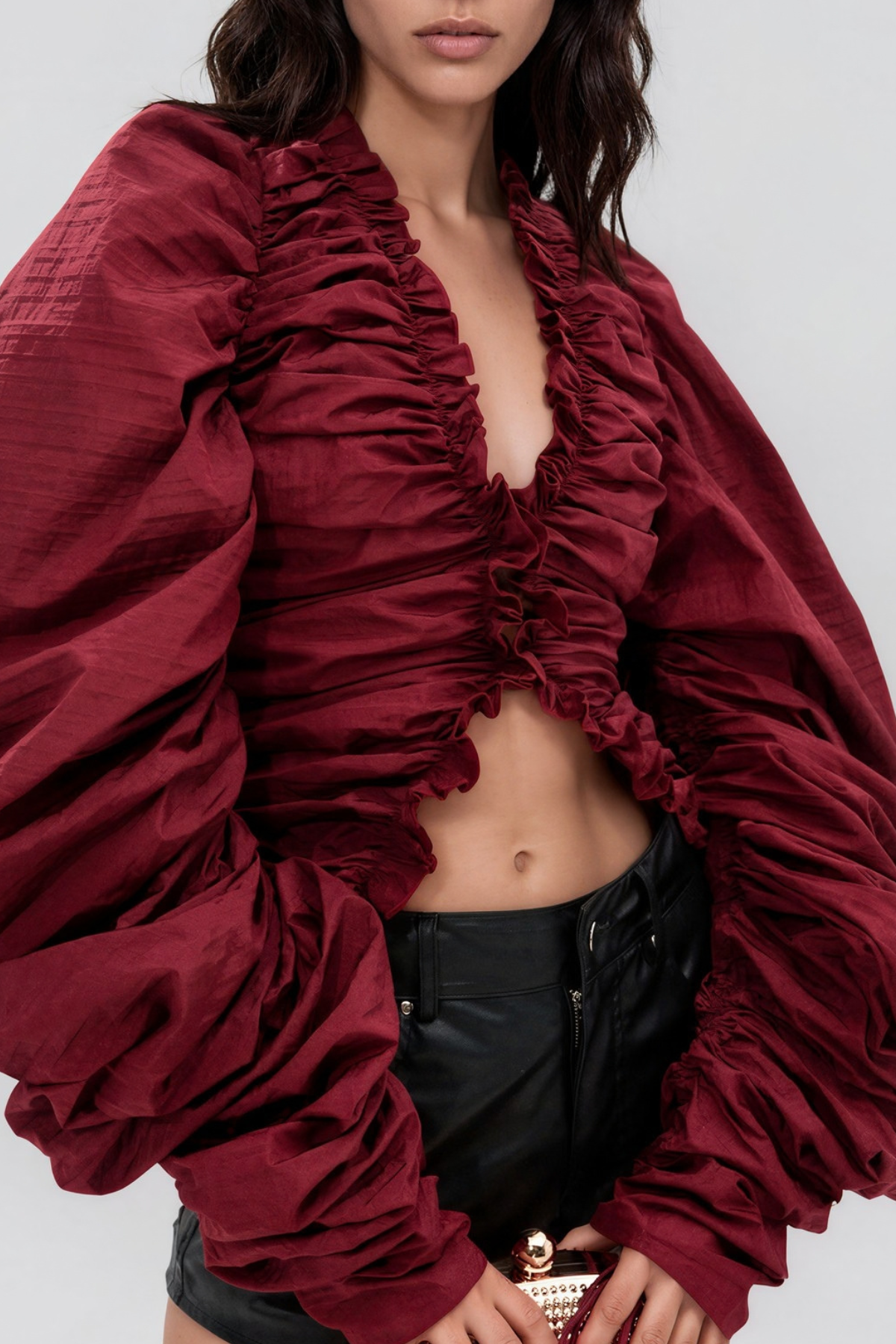 Kory V Neck Ruffle Drawstring Top
