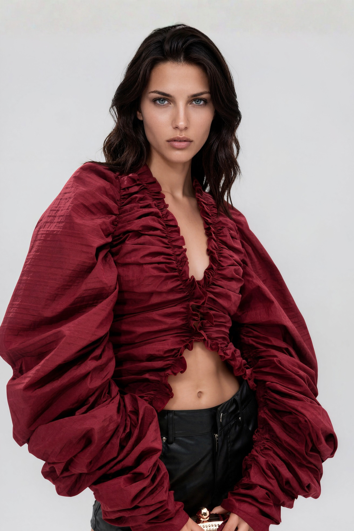 Kory V Neck Ruffle Drawstring Top