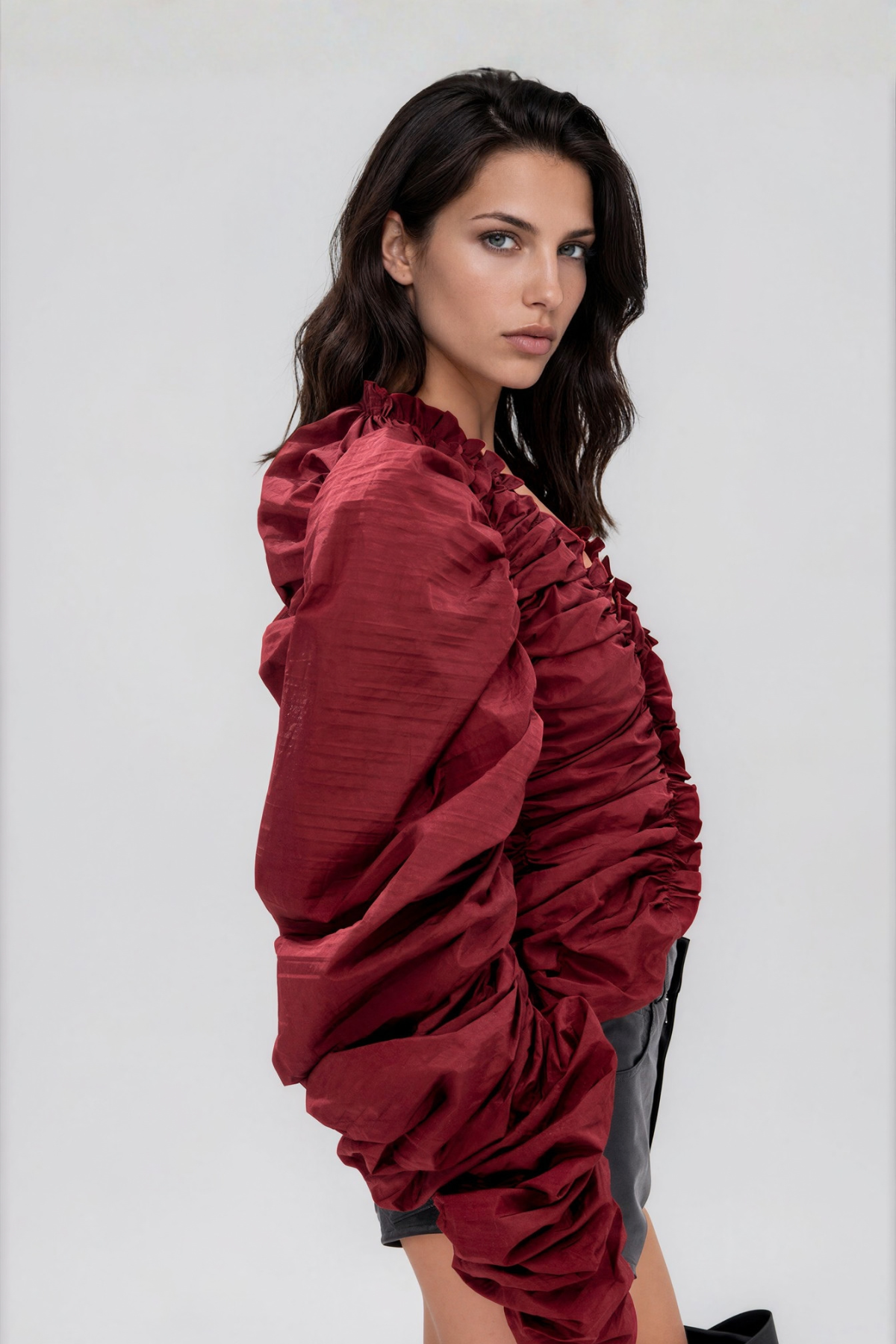 Kory V Neck Ruffle Drawstring Top