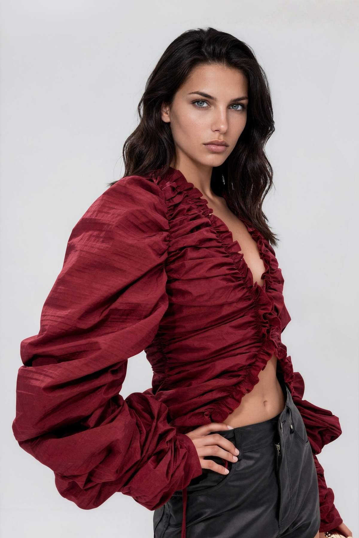 Kory V Neck Ruffle Drawstring Top