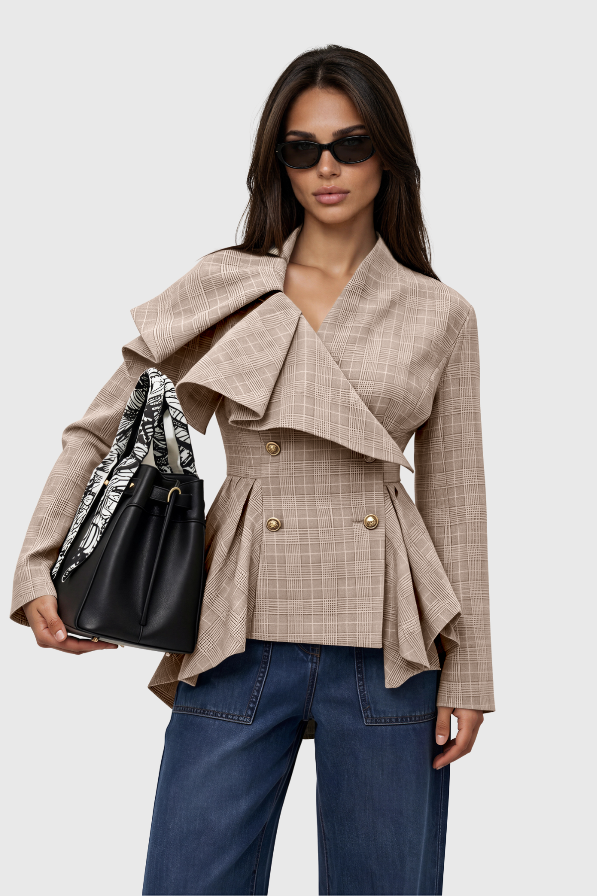Koume Asymmetric Grid Ruffle Jacket