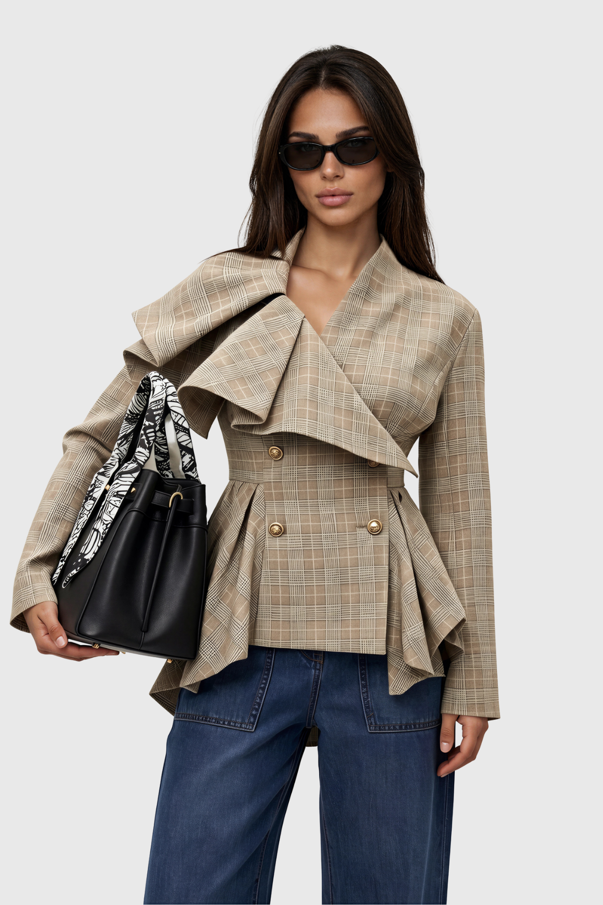 Koume Asymmetric Grid Ruffle Jacket