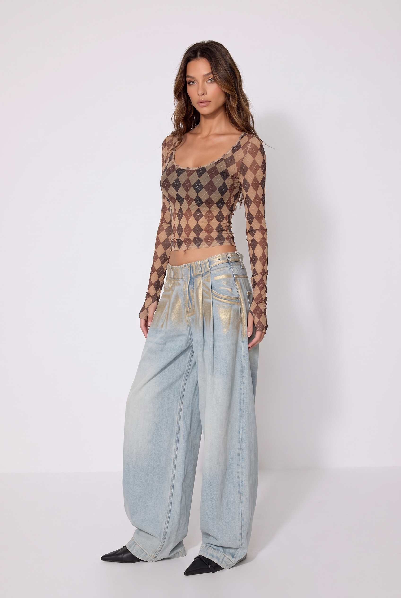 Kozue Argyle Mesh Top