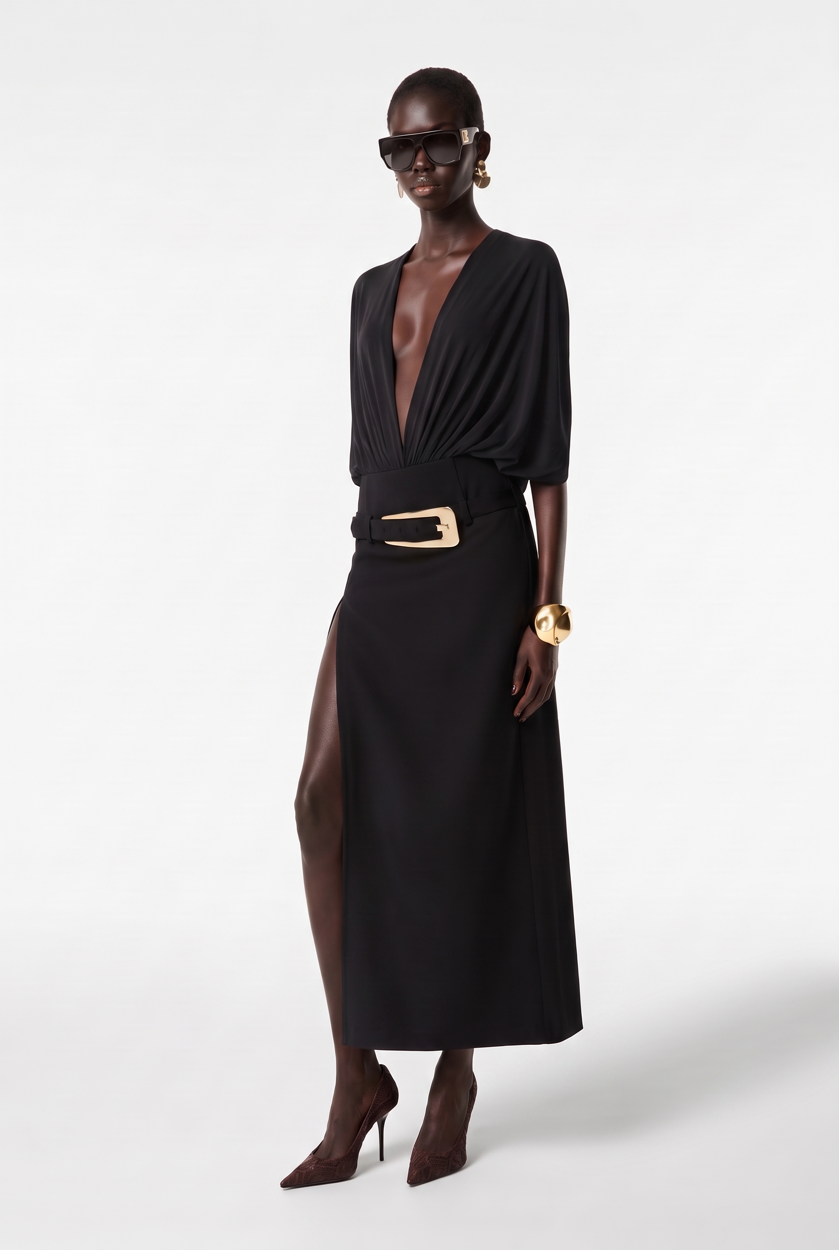 Krish Plunge Draped Skirt Set