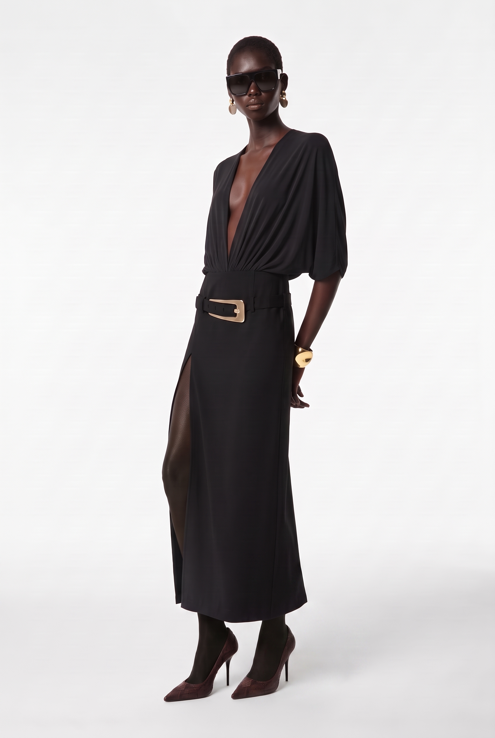 Krish Plunge Draped Skirt Set