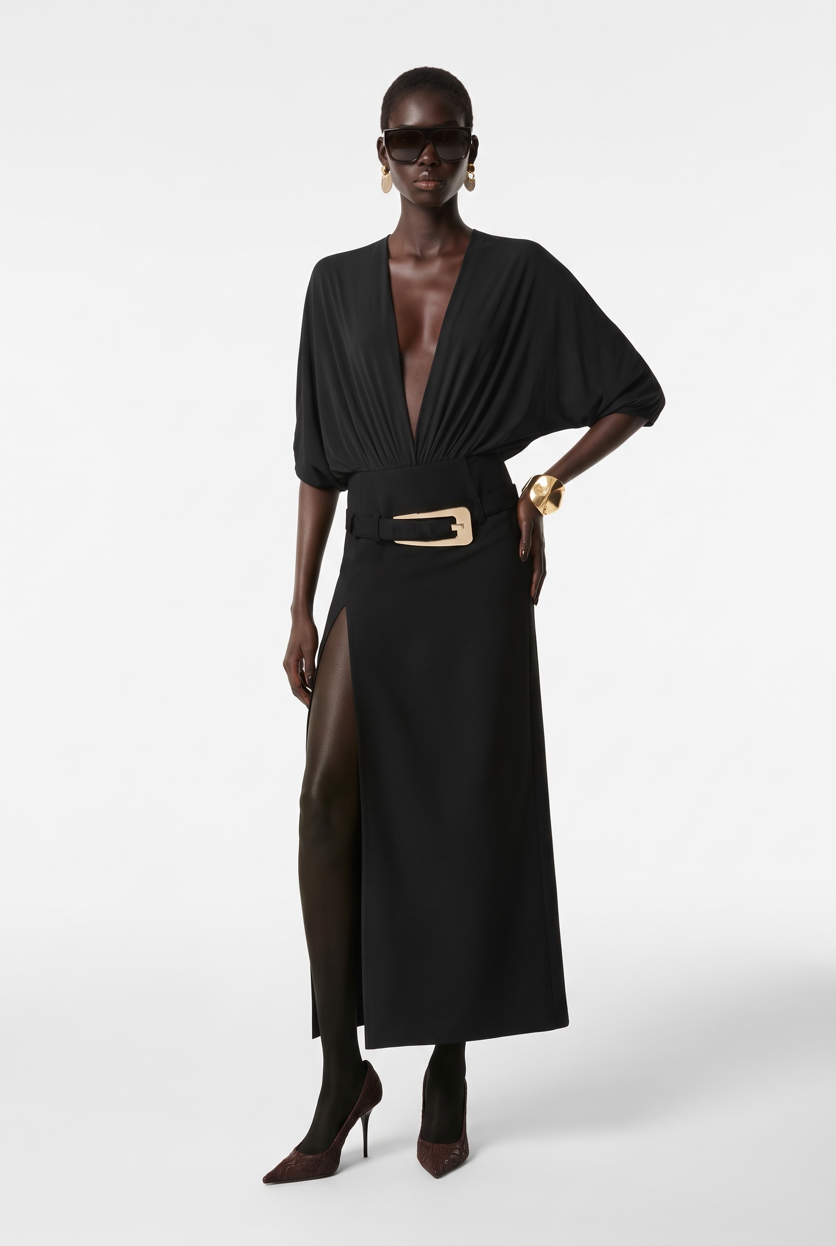 Krish Plunge Draped Skirt Set