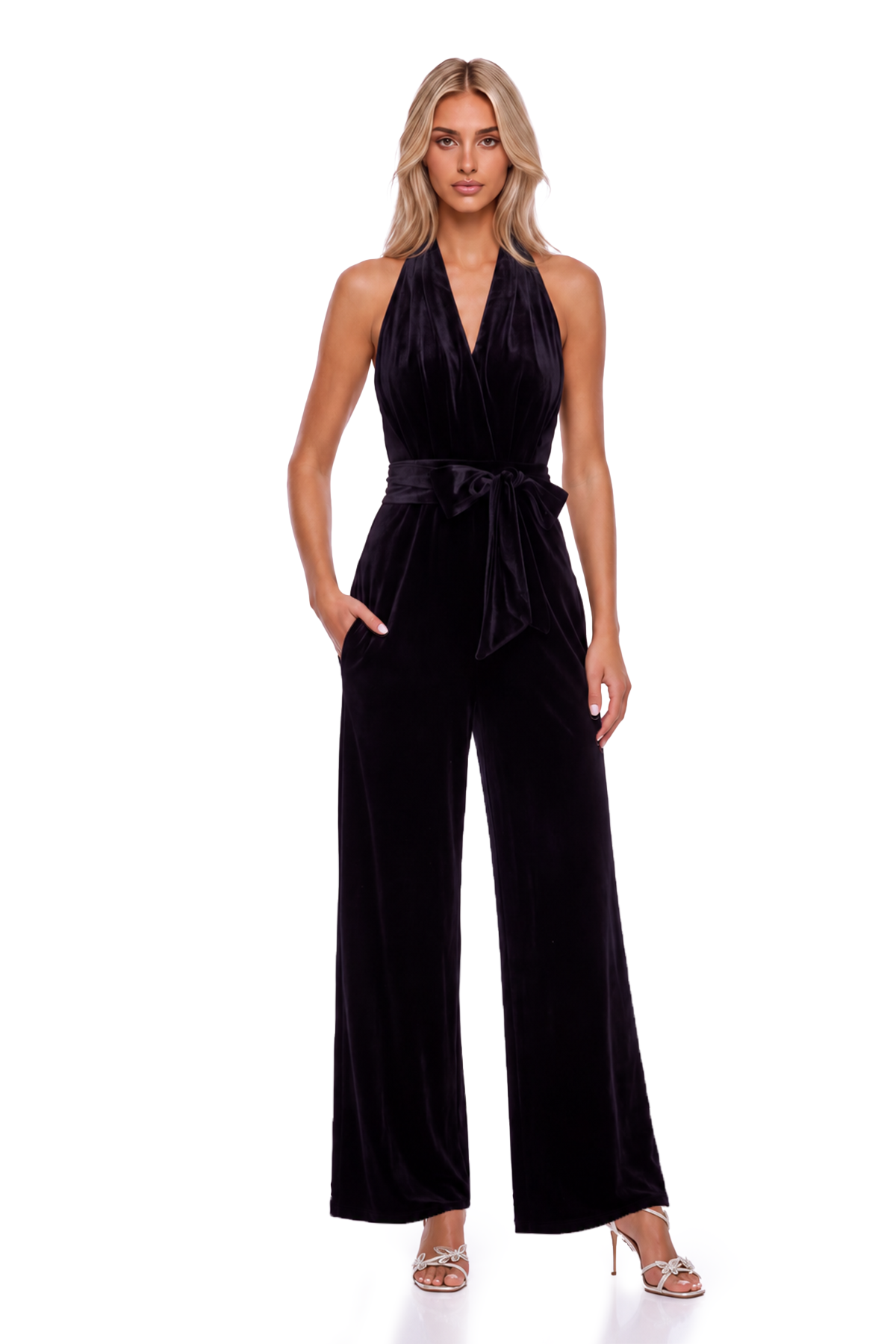 Kristjana Halter Neck Velvet Tie Up Jumpsuit