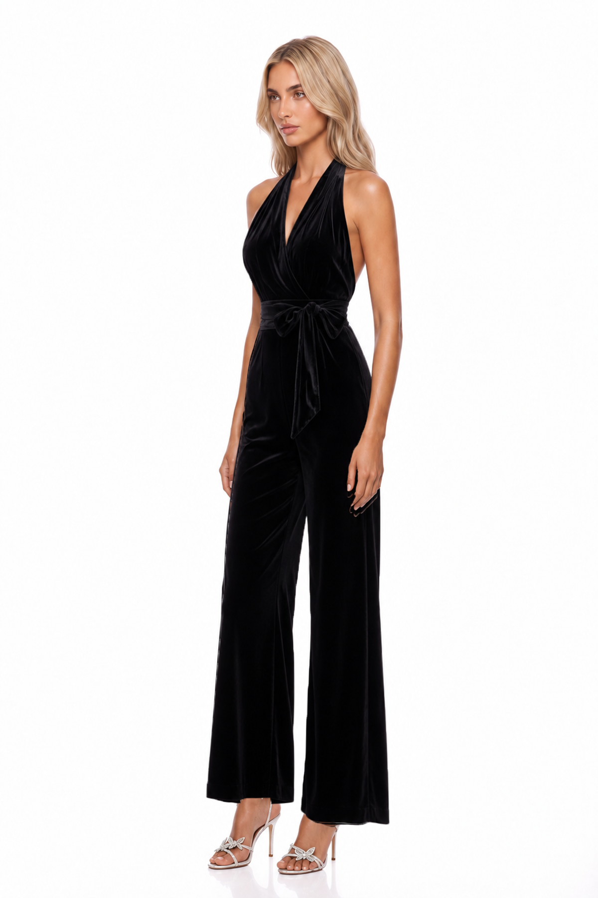 Kristjana Halter Neck Velvet Tie Up Jumpsuit