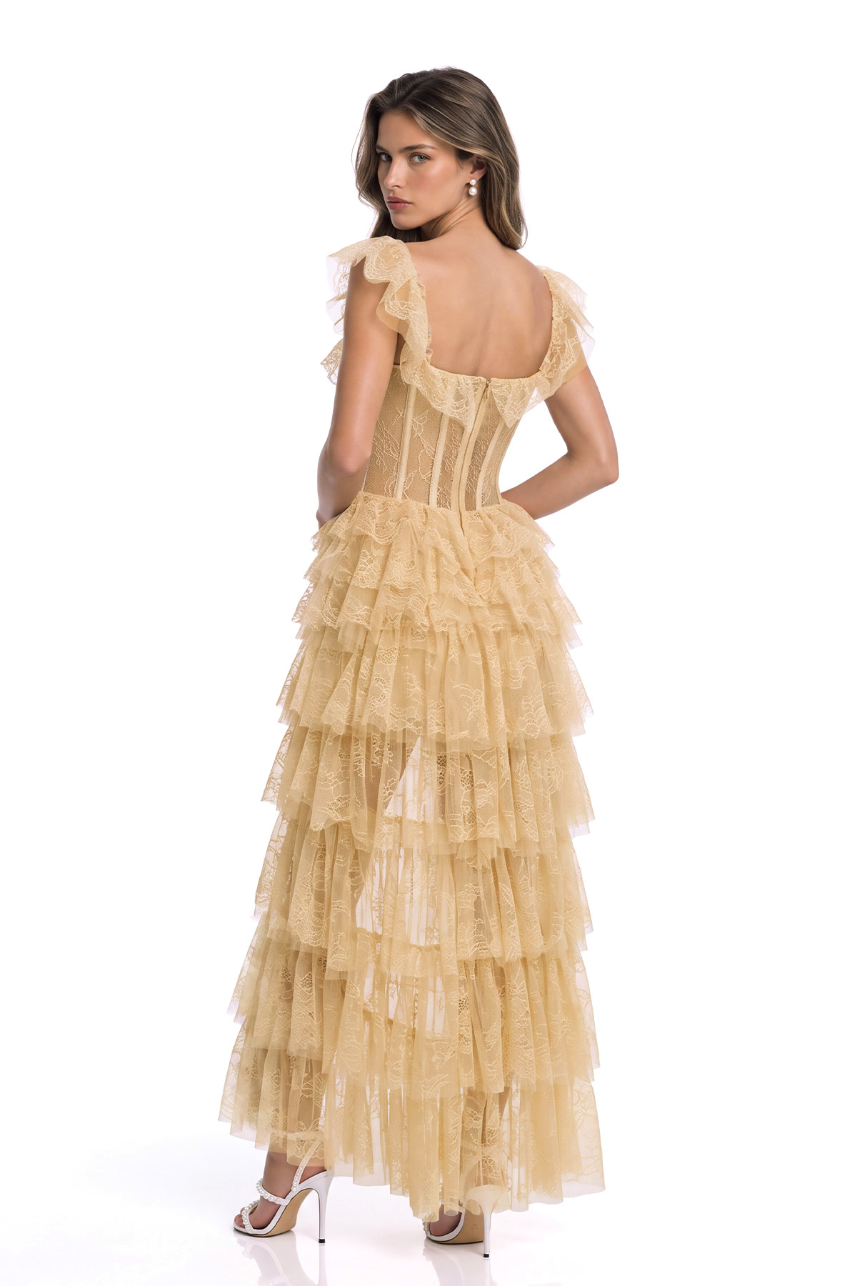 Krosstin Lace Ruffle High Low Dress