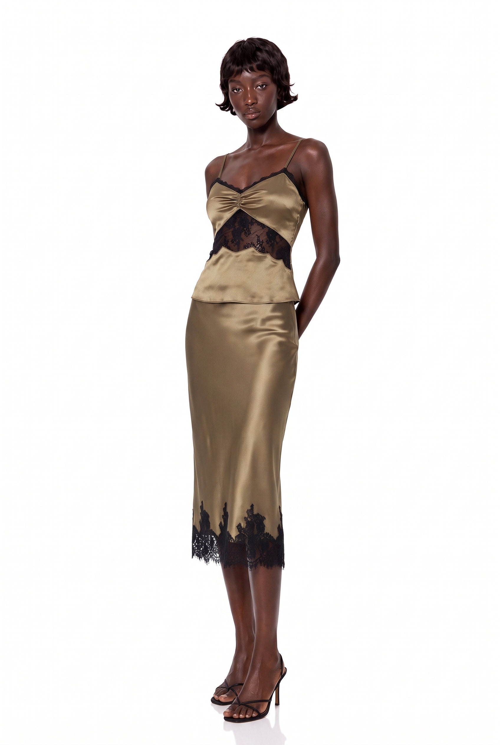 Kulon Spaghetti Lace Satin Skirt Set