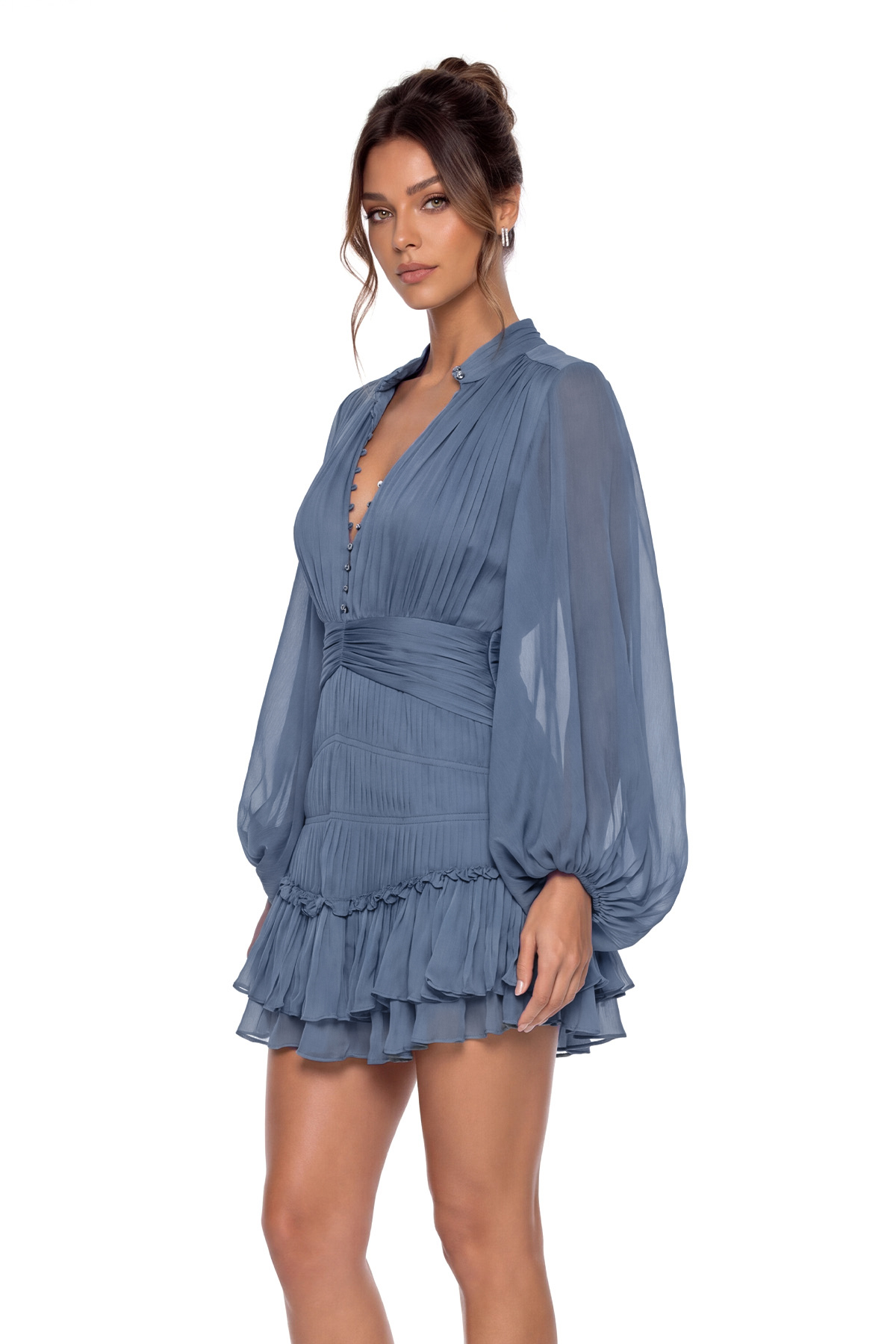 Kumani Balloon Sleeve Ruffle Mesh Mini Dress