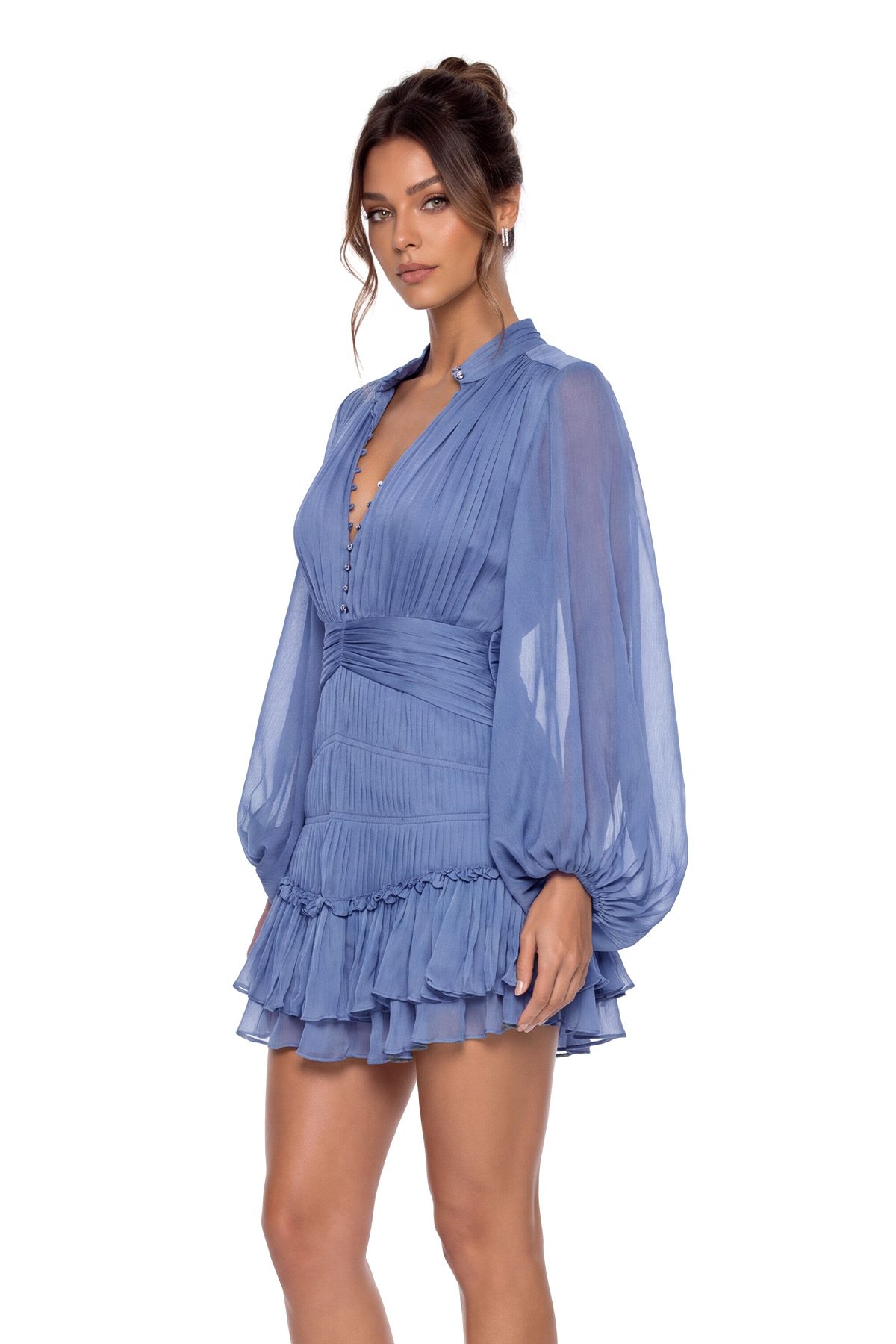 Kumani Balloon Sleeve Ruffle Mesh Mini Dress