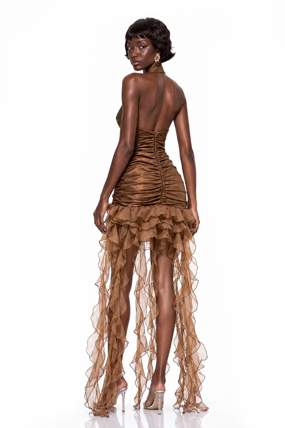 Kumari Halter Neck Flower Fringe Mini Dress In Brown