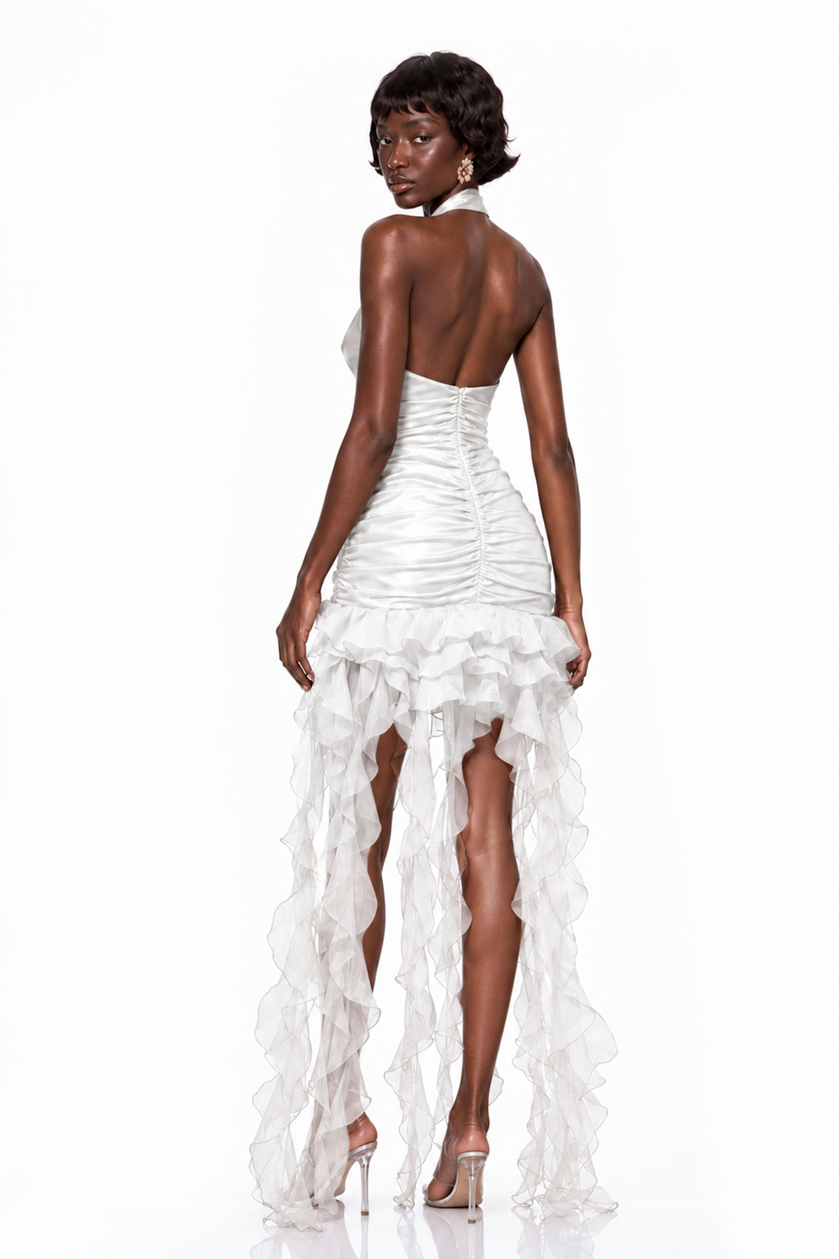 Kumari Halter Neck Flower Fringe Mini Dress In White