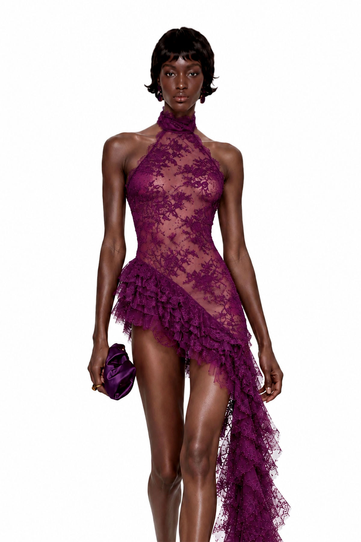 Kunihide Halter Neck Lace Ruffle Mini Dress