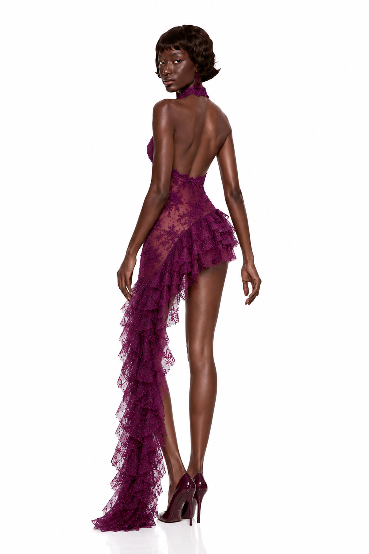 Kunihide Halter Neck Lace Ruffle Mini Dress