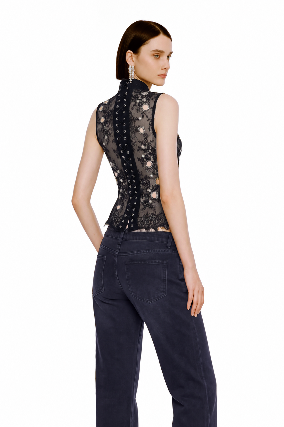Kuno High Neck Lace Eyelet Top