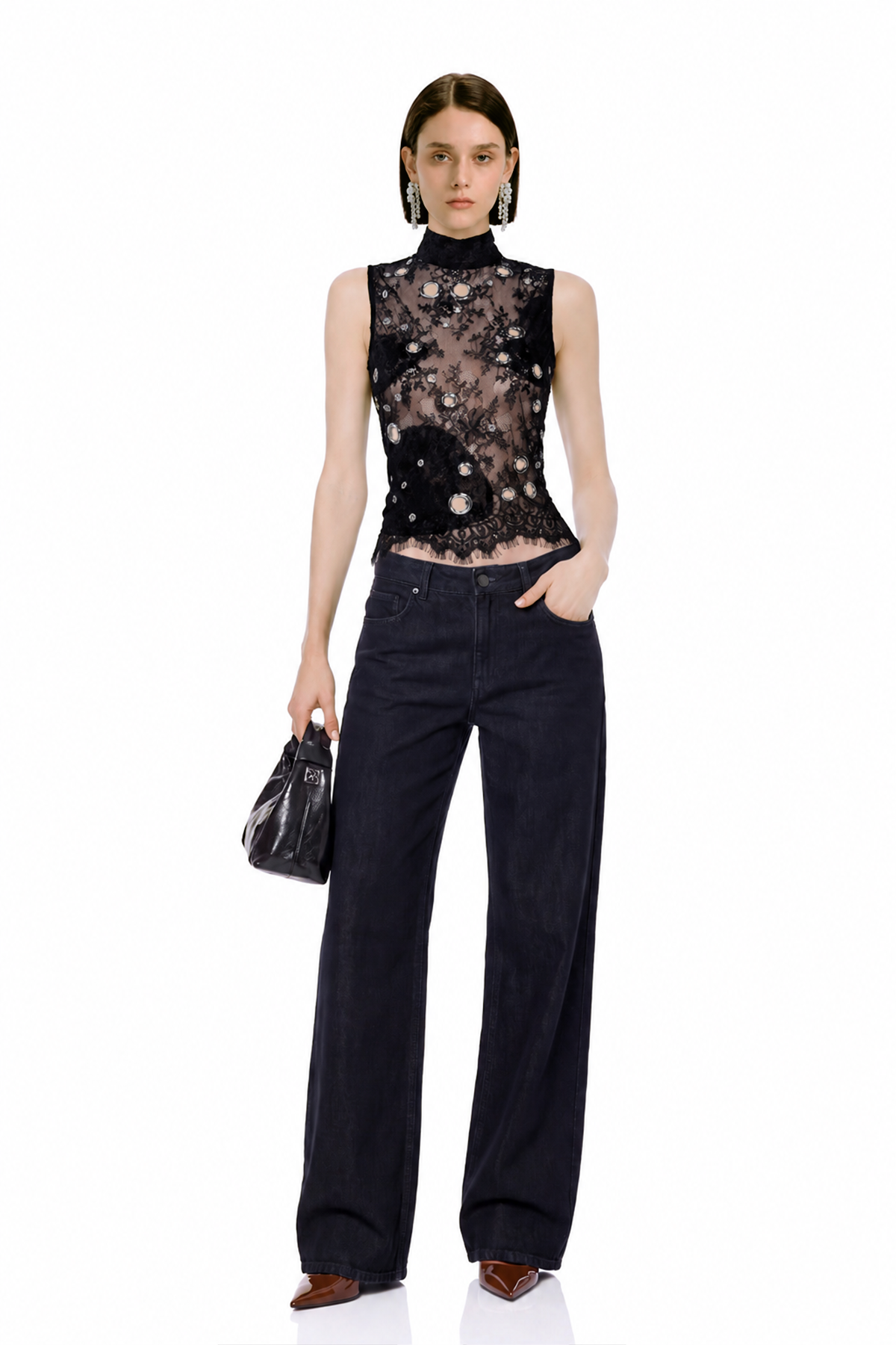 Kuno High Neck Lace Eyelet Top