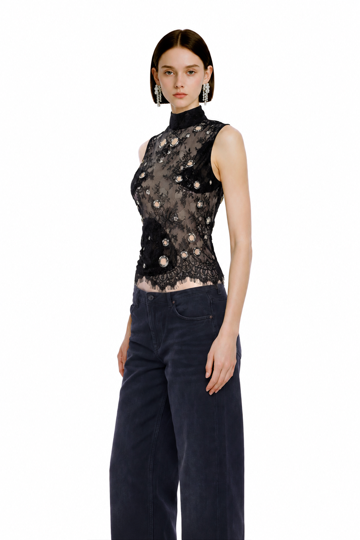 Kuno High Neck Lace Eyelet Top