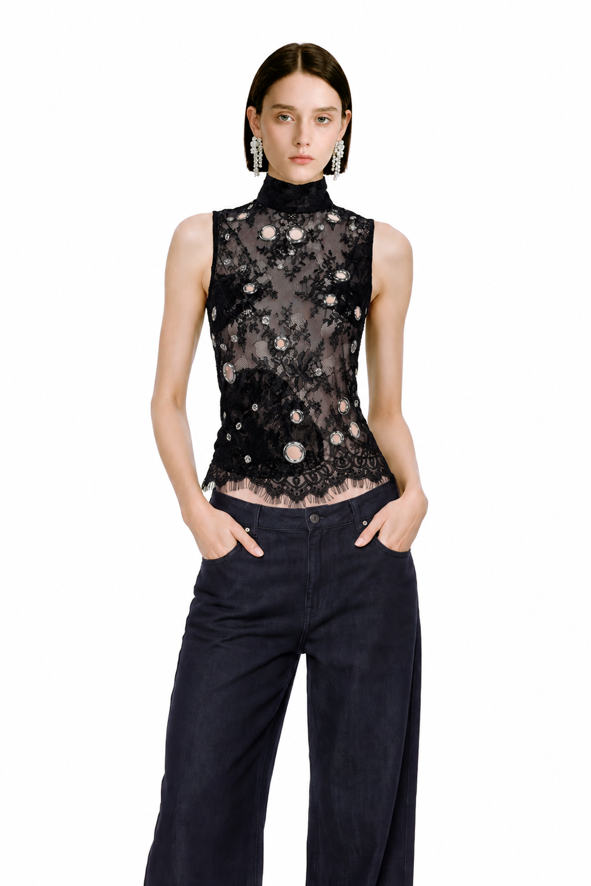 Kuno High Neck Lace Eyelet Top
