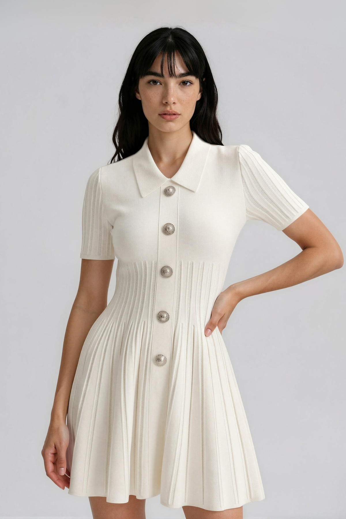 Kuri Lapel Knit Mini Dress In White