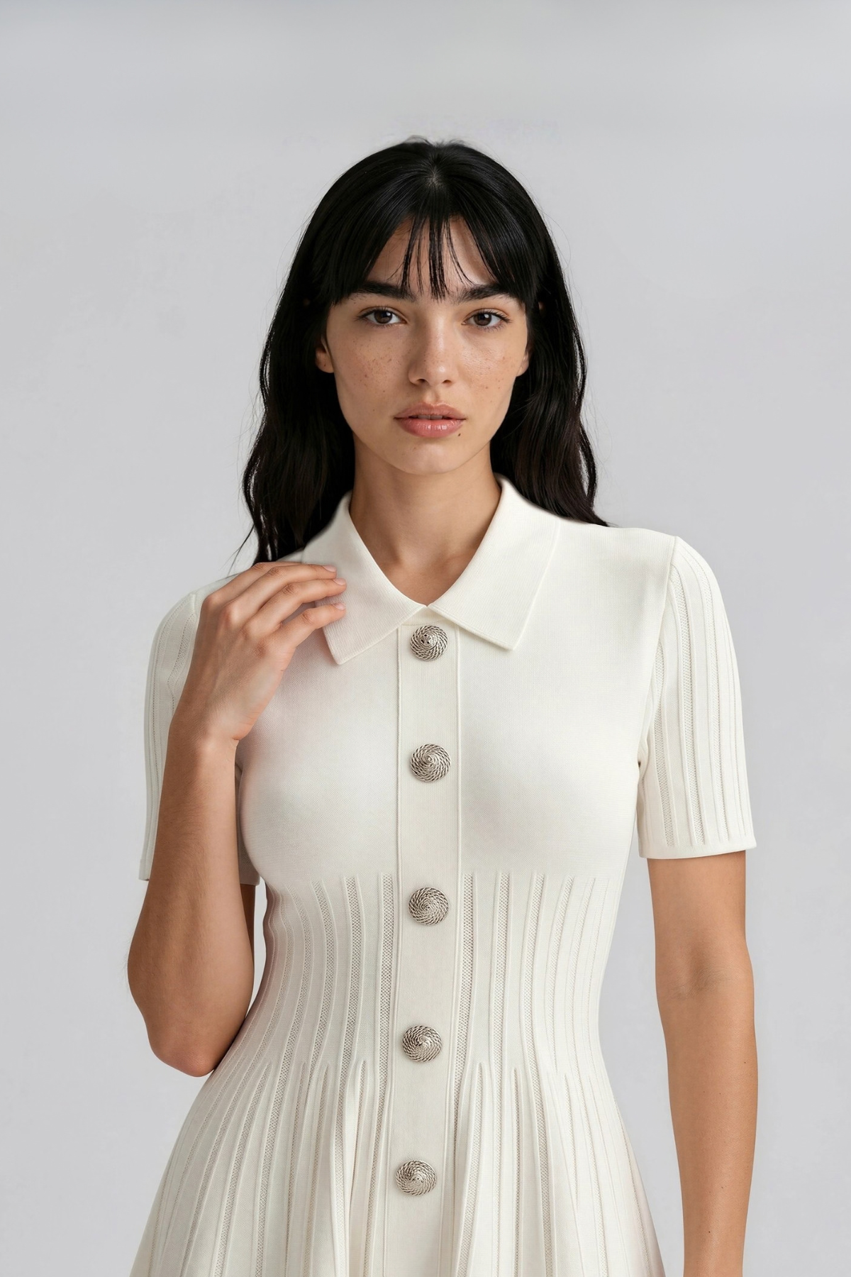 Kuri Lapel Knit Mini Dress In White